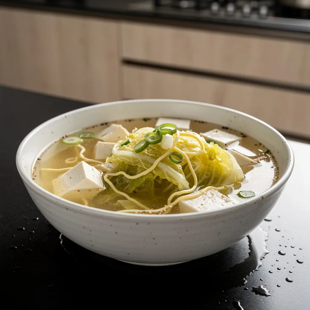 Chińska zupa z tofu i kapustą pekińską w lekkim bulionie