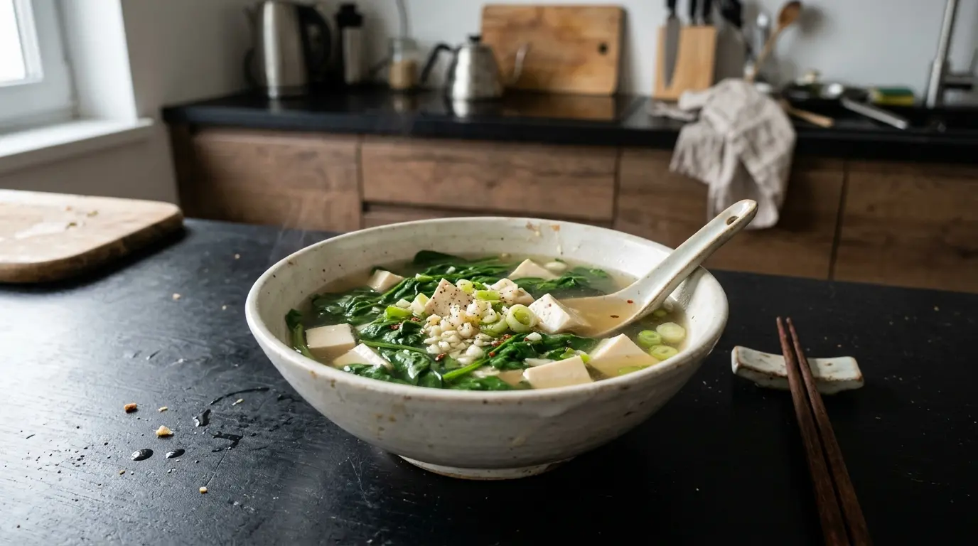 Chińska zupa z tofu i szpinakiem w lekkim bulionie czosnkowym
