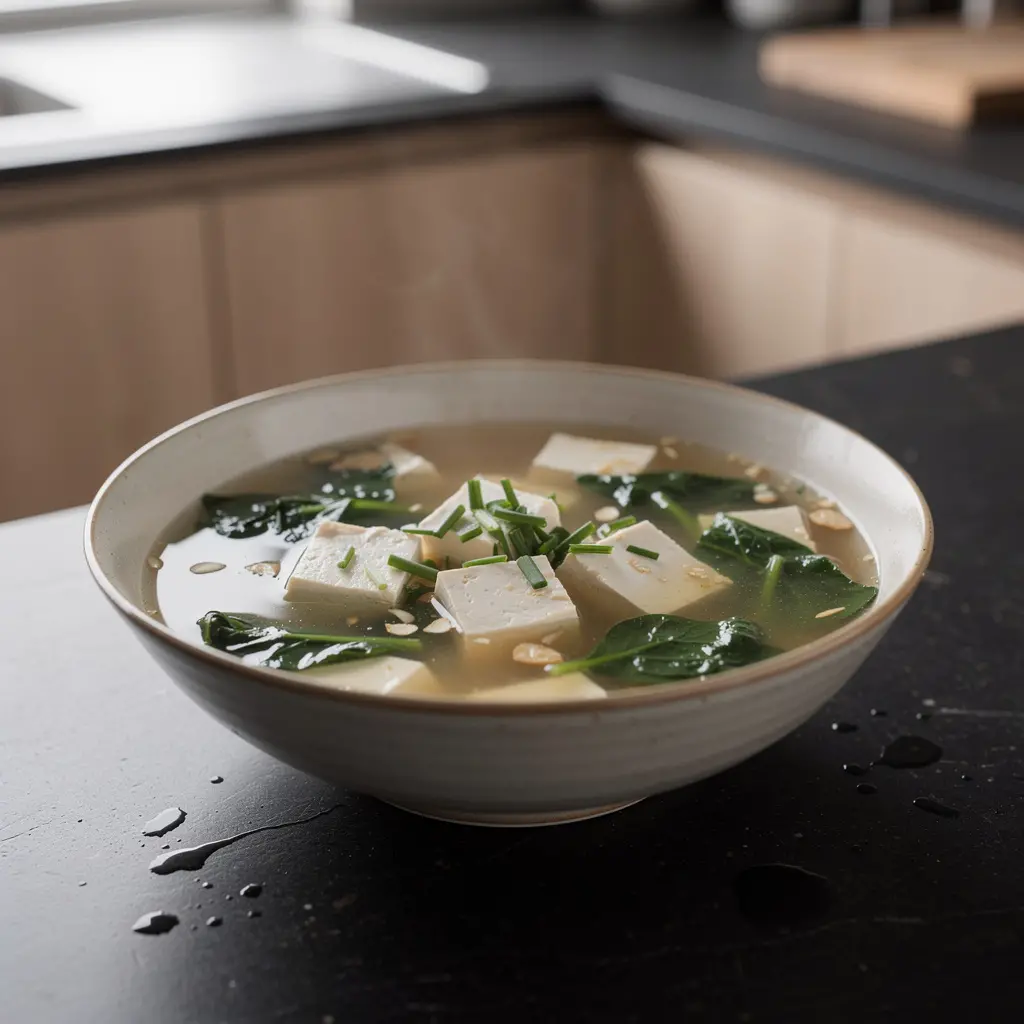 Chinese Soup with Tofu and Spinach in Light Garlic Broth