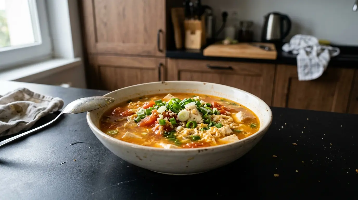 Chińska zupa z tofu, pomidorami i jajkiem