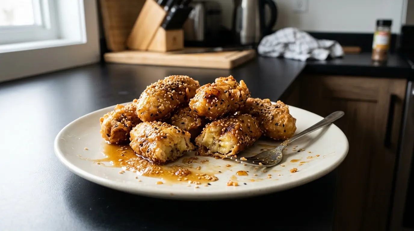 Postre chino de plátano frito en masa con sésamo