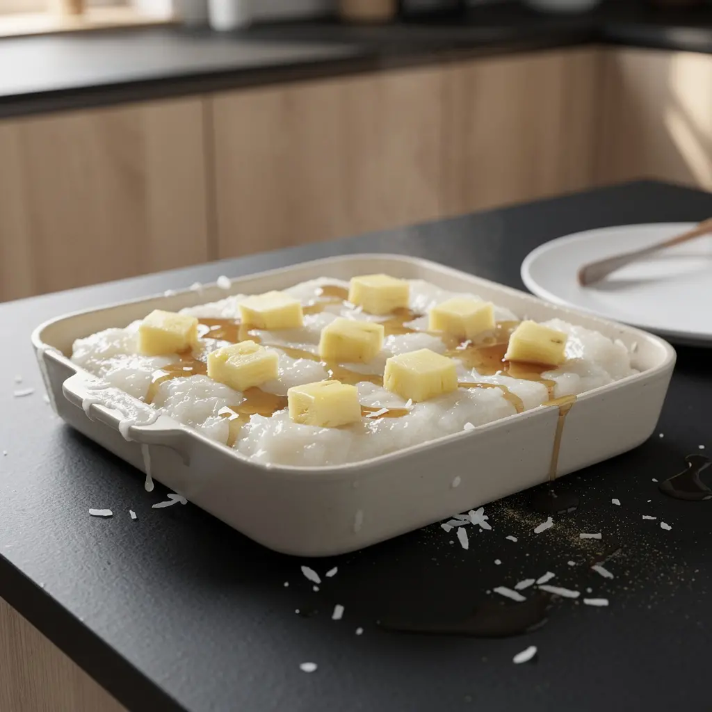 Chiński deser z kleistego ryżu z kokosem i ananasem na parze