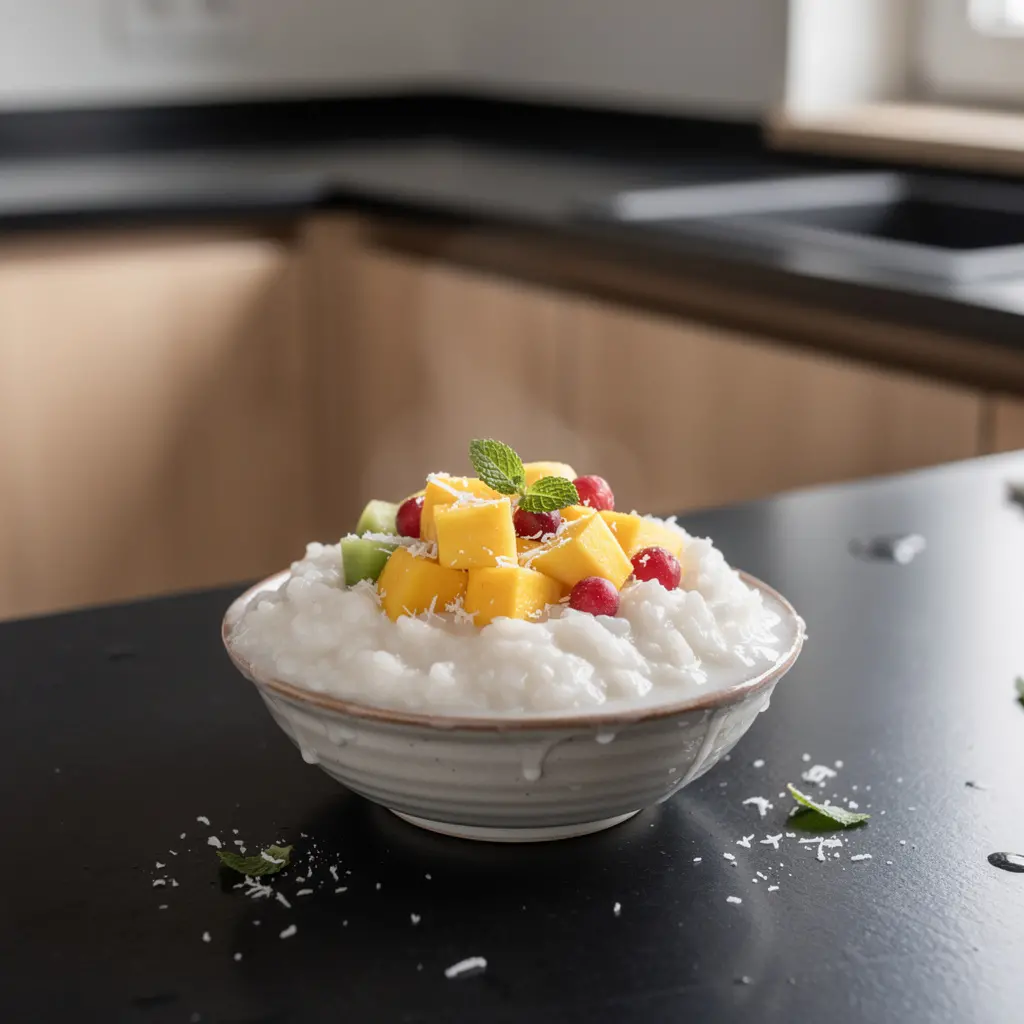 Chiński deser z mleka kokosowego, ryżu jaśminowego i owoców