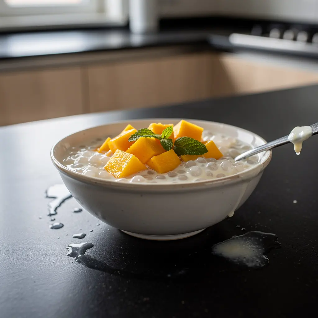 Chiński deser z tapioki i mleka kokosowego z mango