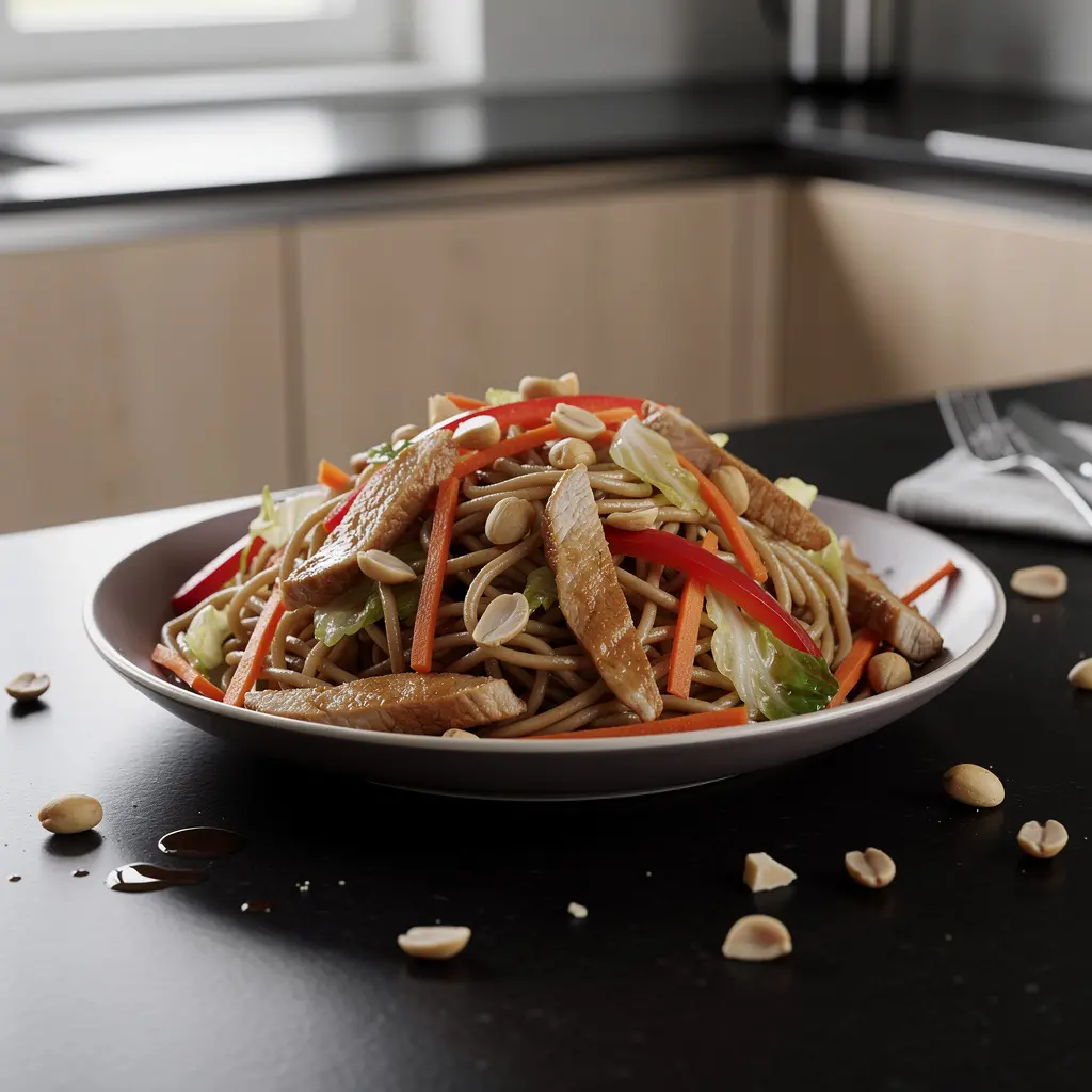 Chiński makaron pszenny z kurczakiem i orzeszkami ziemnymi