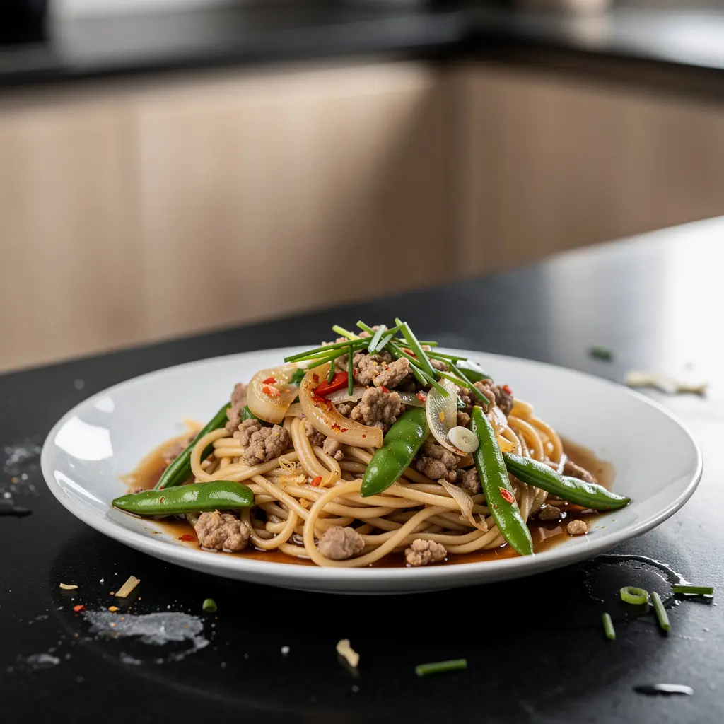 Chinese Wheat Noodles with Pork and Green Beans