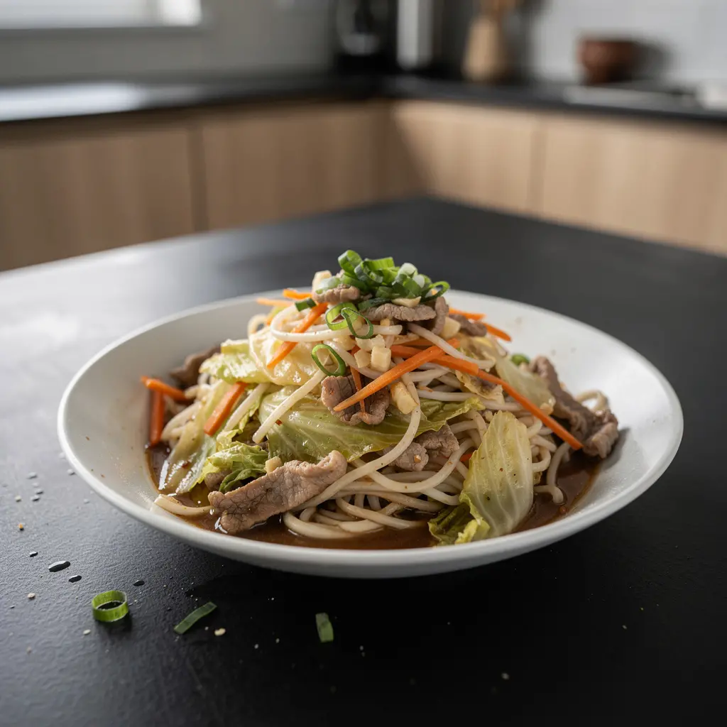 Chinese rice noodles with pork and napa cabbage in garlic sauce