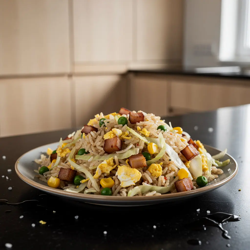 Chiński ryż smażony z jajkiem, boczkiem i kapustą