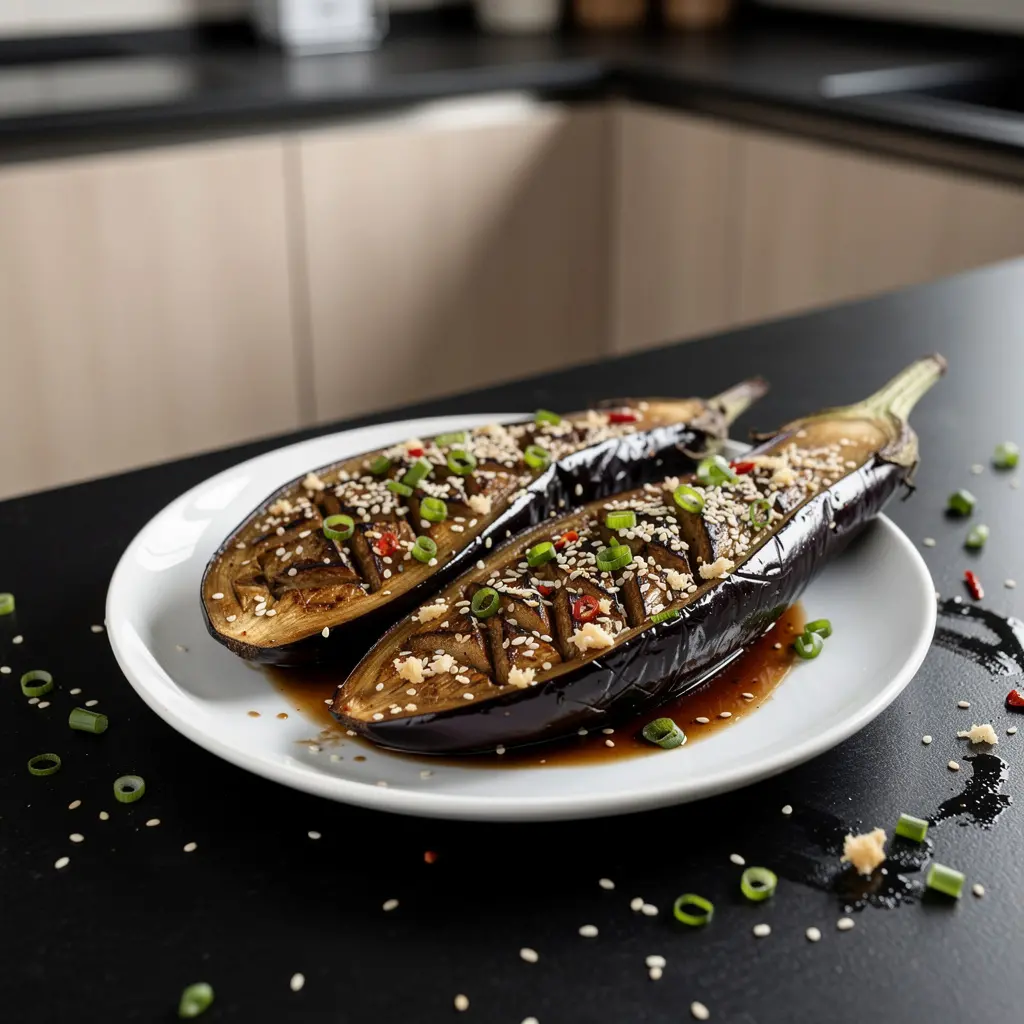 Chińskie bakłażany pieczone z czosnkiem i sezamem