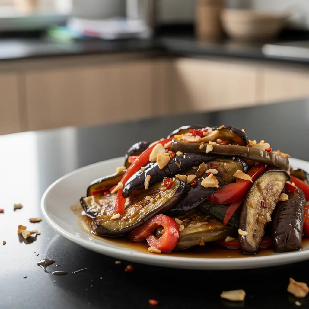 Chińskie bakłażany smażone z papryką i czosnkiem