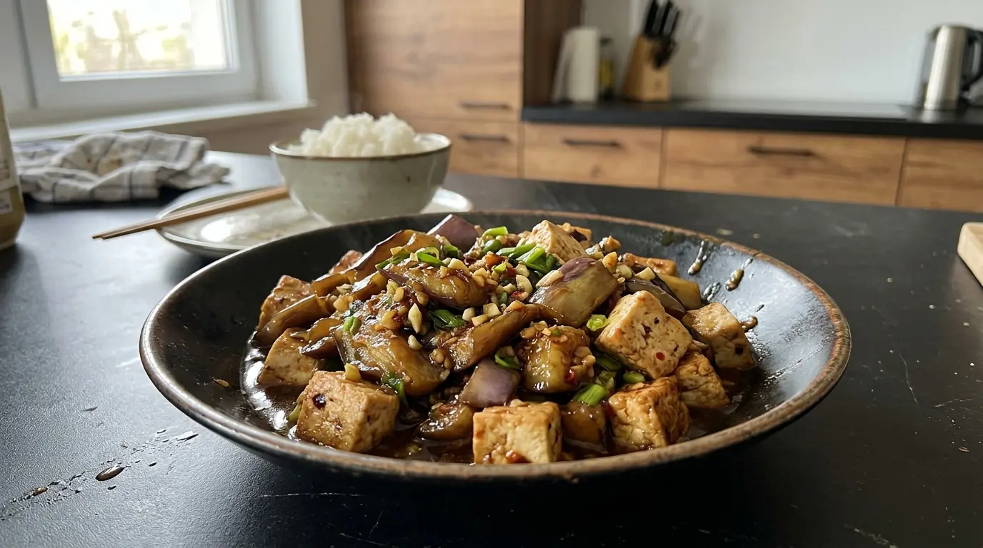 Chińskie bakłażany smażone z tofu w sosie czosnkowo-sojowym