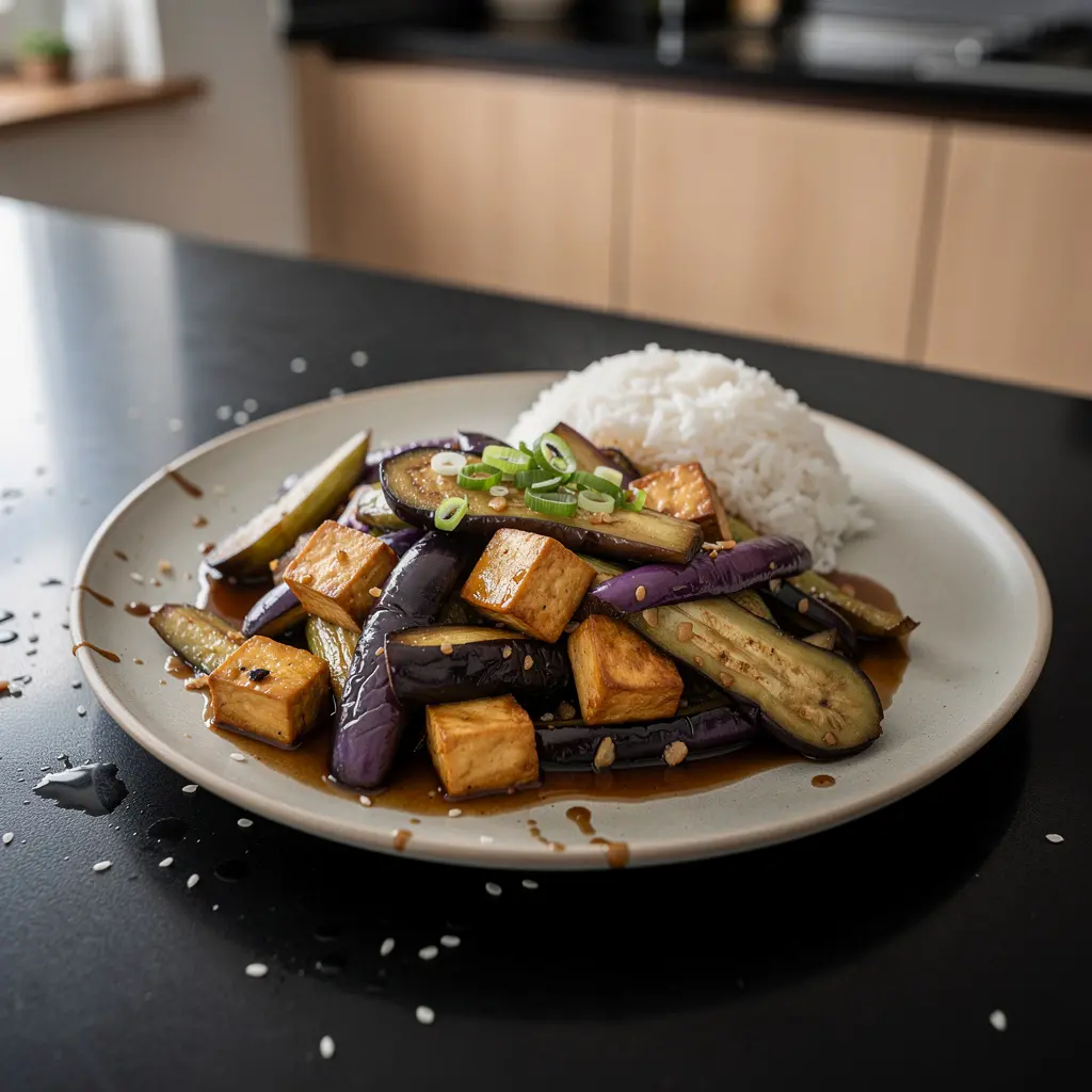 Chińskie bakłażany smażone z tofu w sosie czosnkowo-sojowym