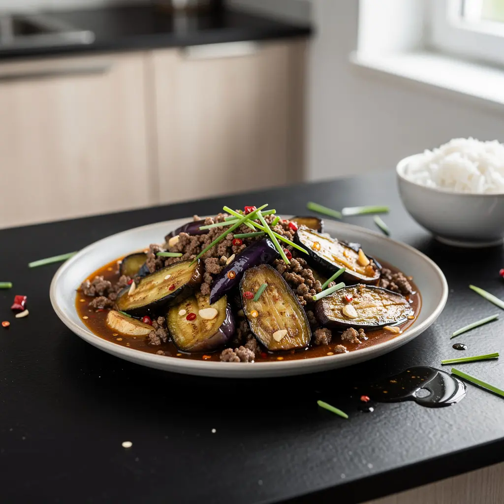 Chinese Eggplant with Ground Beef in Spicy Sauce