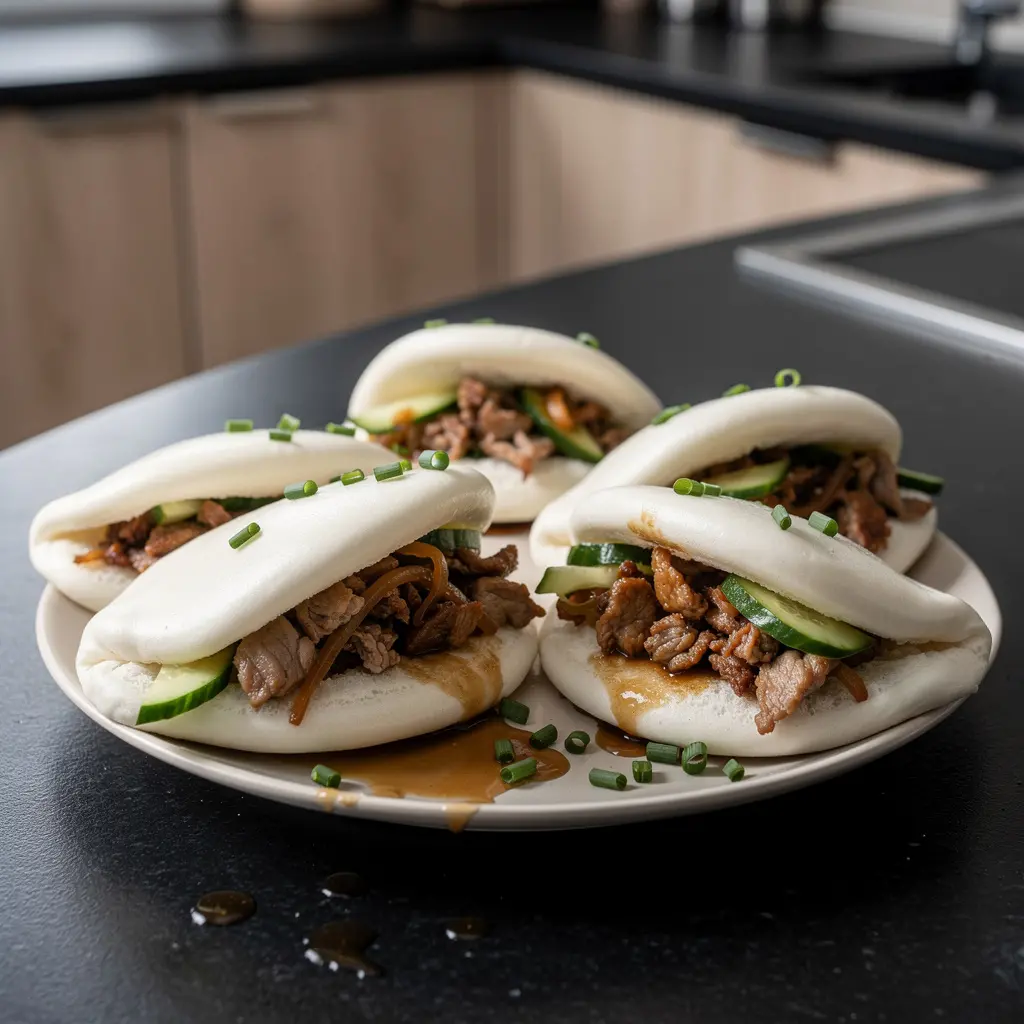 Chinese bao buns with braised pork and cucumber