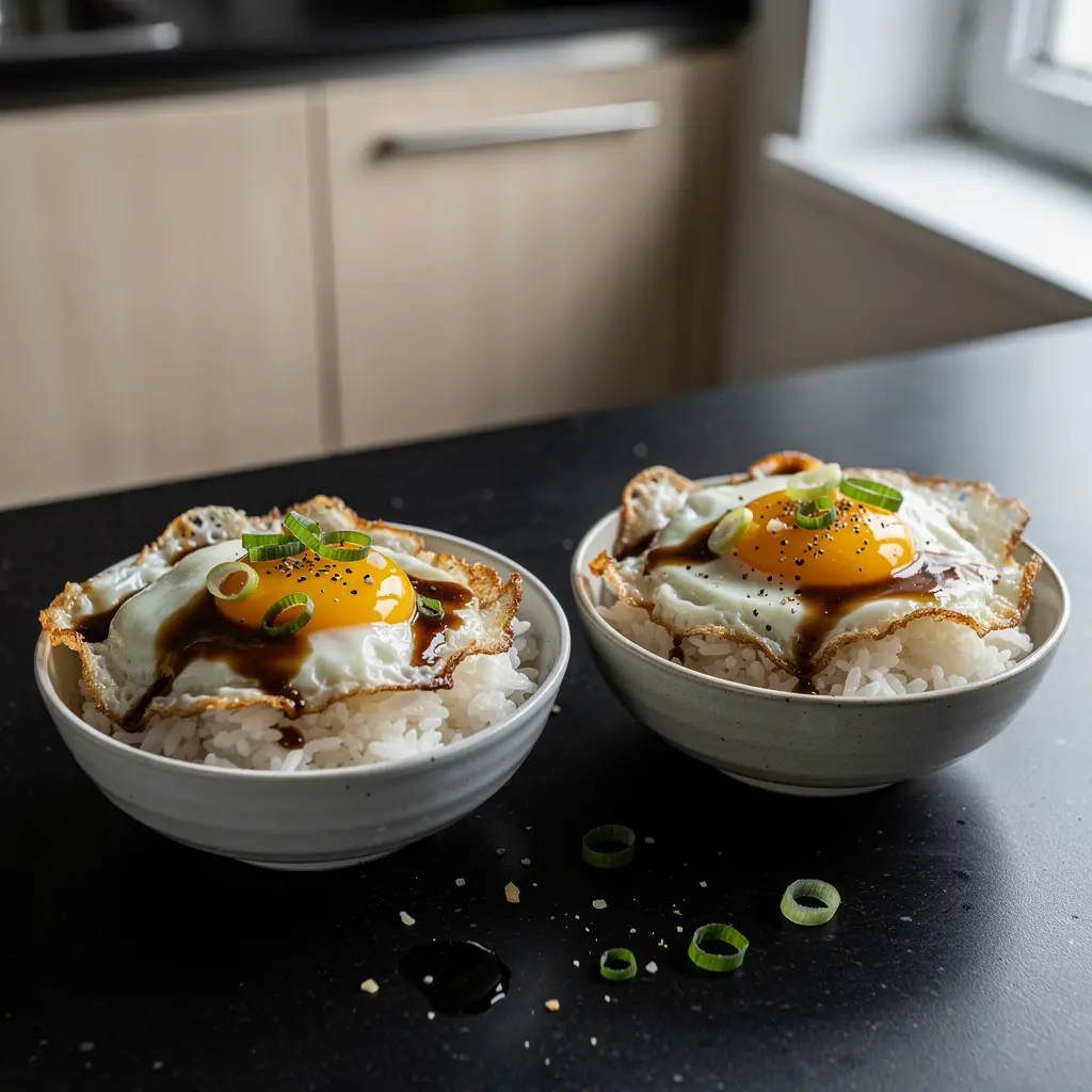 Chińskie jajka sadzone na ryżu z sosem sojowo-czosnkowym