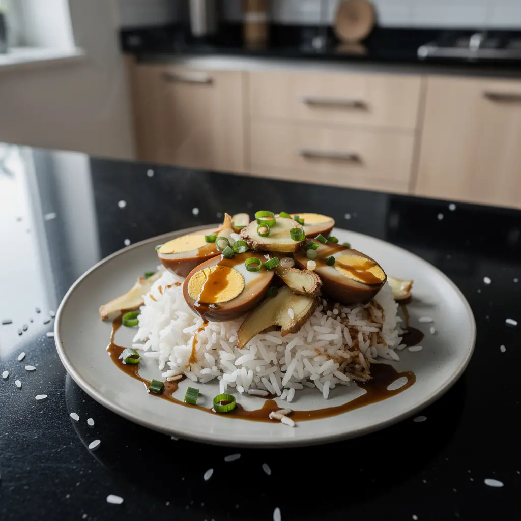 Chińskie jajka w sosie sojowo-imbirowym z ryżem