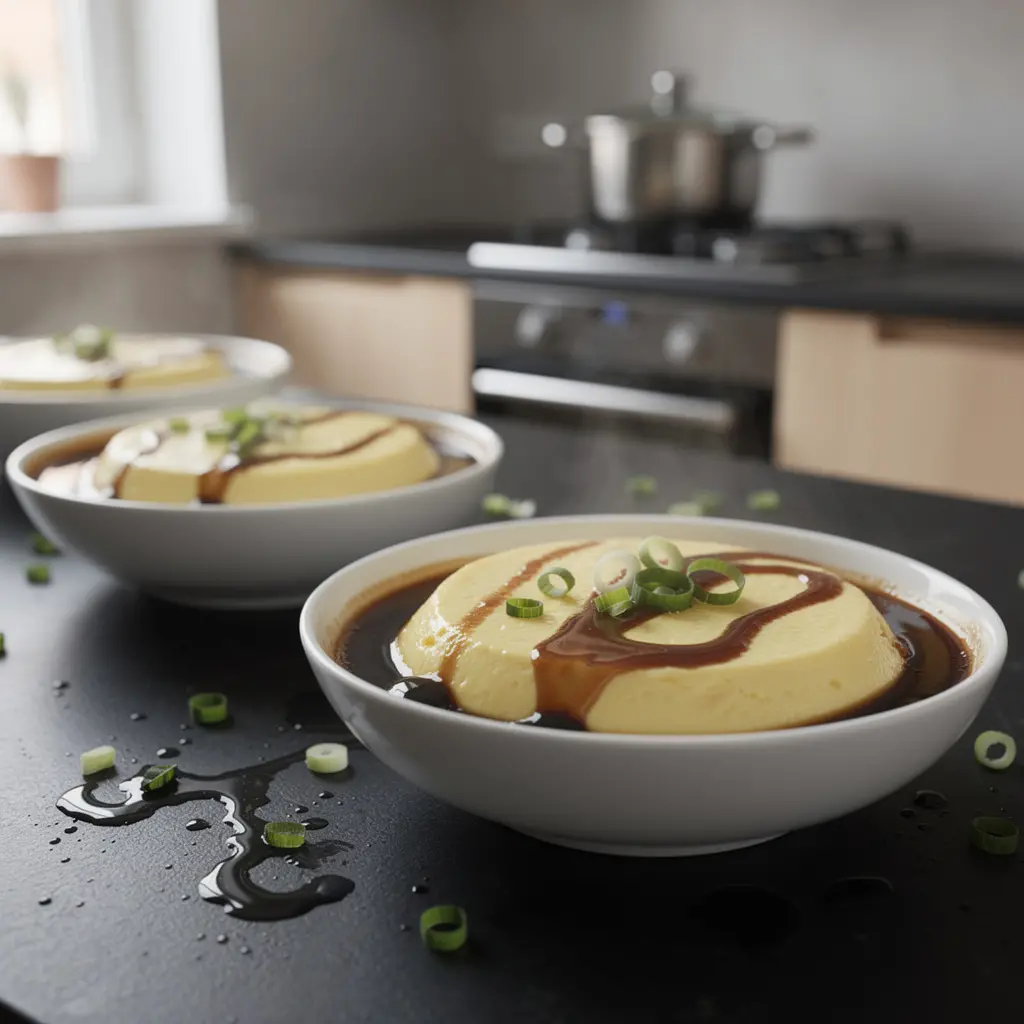 Uovo cinese al vapore con salsa di soia e cipollotto