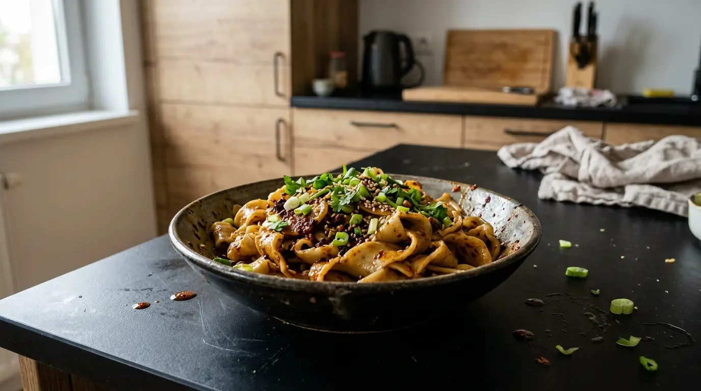 Chińskie kluski pszenne biang biang w domowym sosie chili