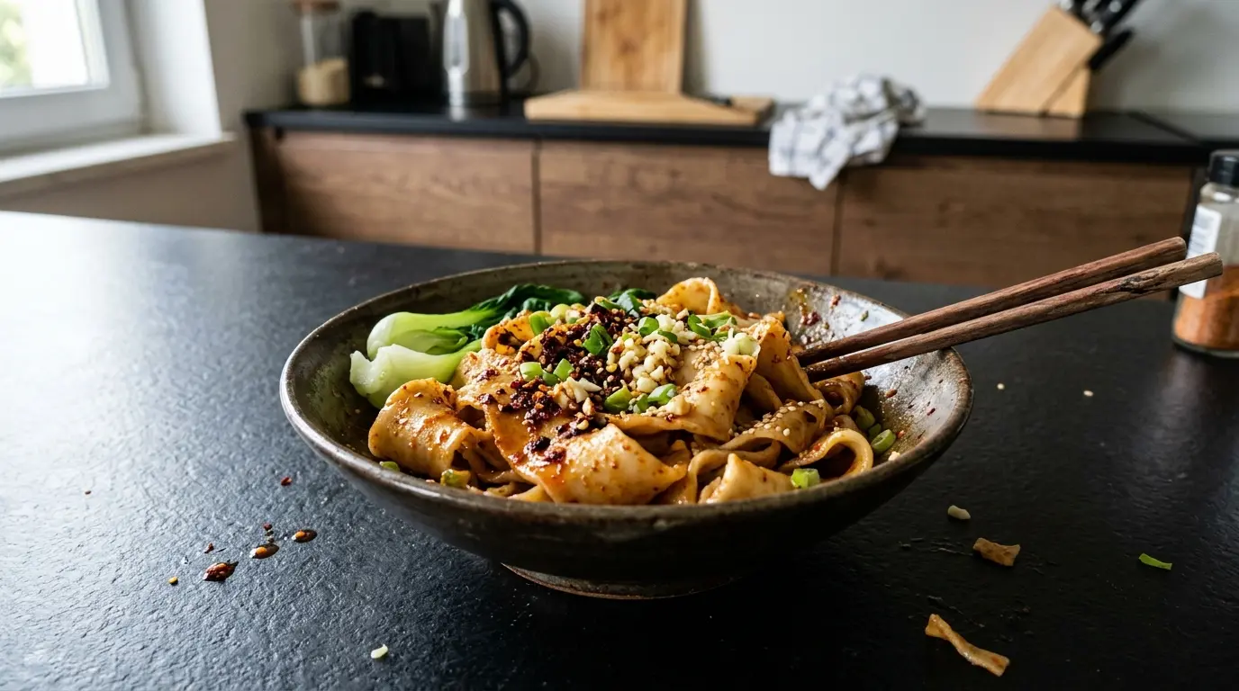 Chinesische Biang-Biang-Weizennudeln in hausgemachter Chili-Sauce