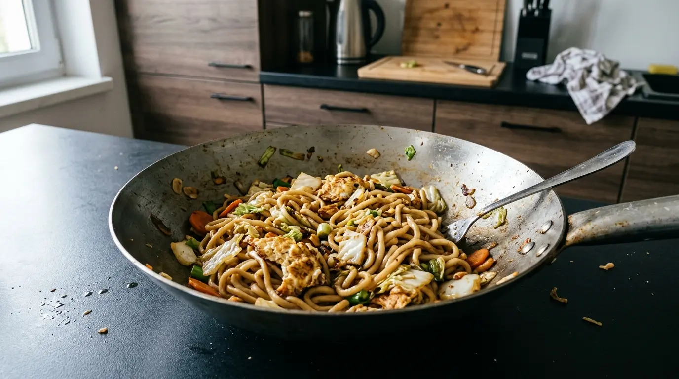 Chinesische Weizennudeln mit Gemüse und Ei aus der Pfanne