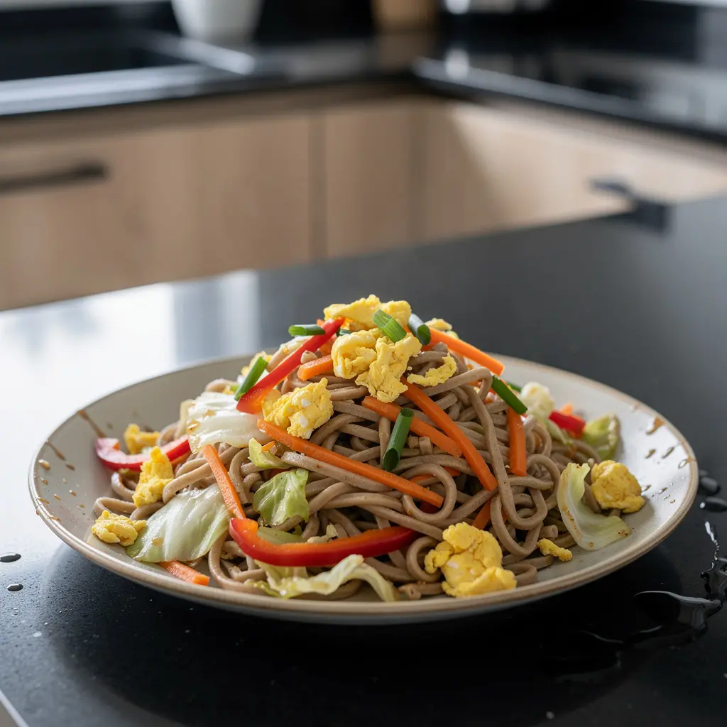Chińskie kluski pszenne z warzywami i jajkiem z patelni