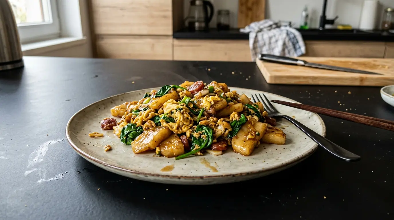 Gnocchi di riso cinesi saltati con uovo e spinaci