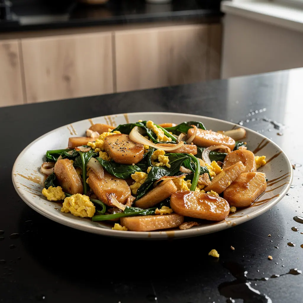 Chińskie kluski ryżowe smażone z jajkiem i szpinakiem