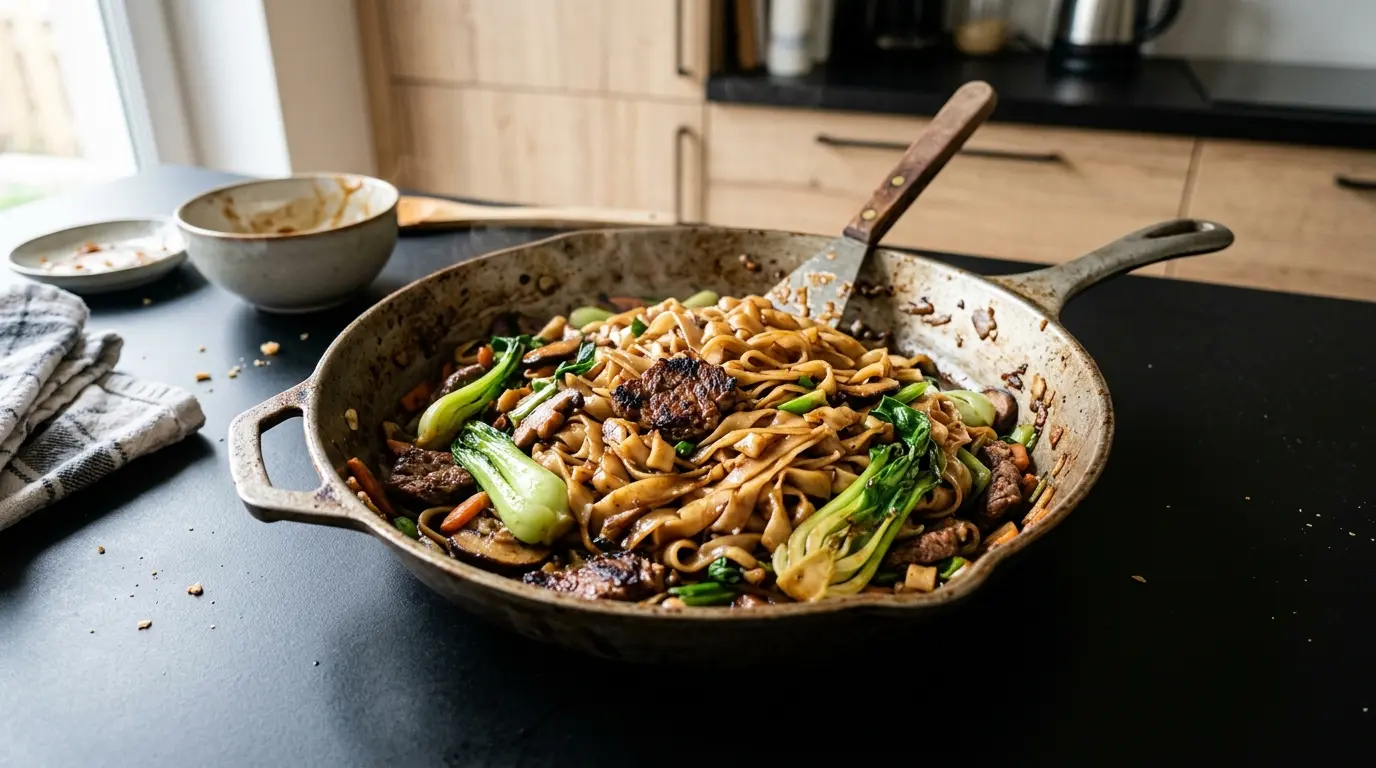 Spaghetti di riso cinesi con manzo e cavolo bok choy in padella