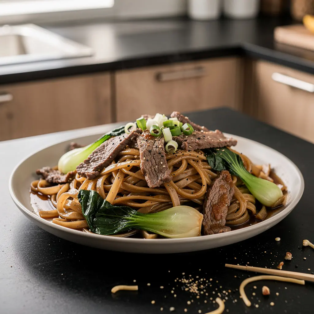 Chińskie kluski ryżowe z wołowiną i kapustą bok choy z patelni