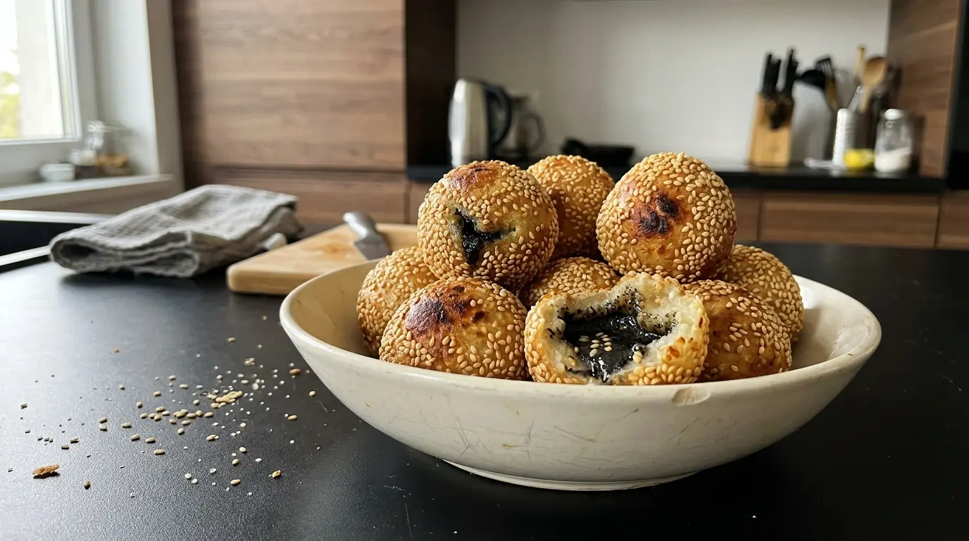Chińskie kuleczki sezamowe jian dui z pastą z czarnego sezamu