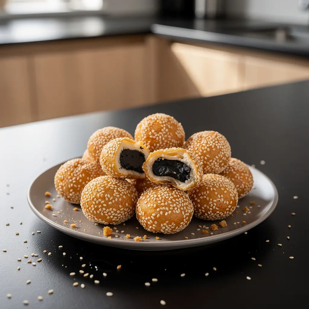 Chińskie kuleczki sezamowe jian dui z pastą z czarnego sezamu