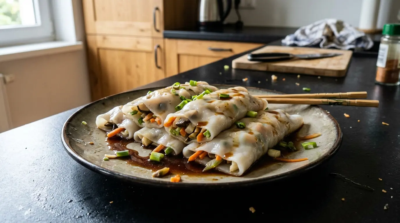 Chinesische Reiscrêpes mit gedämpftem Gemüse