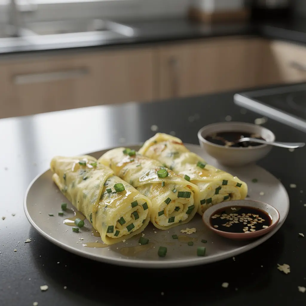 Chińskie naleśniki z jajkiem i szczypiorkiem na parze