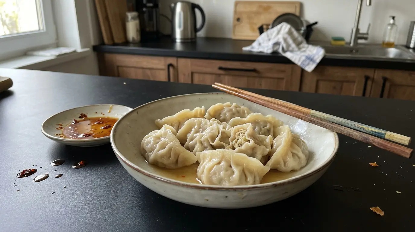 Chińskie pierożki jiaozi z wieprzowiną i kapustą gotowane w wodzie