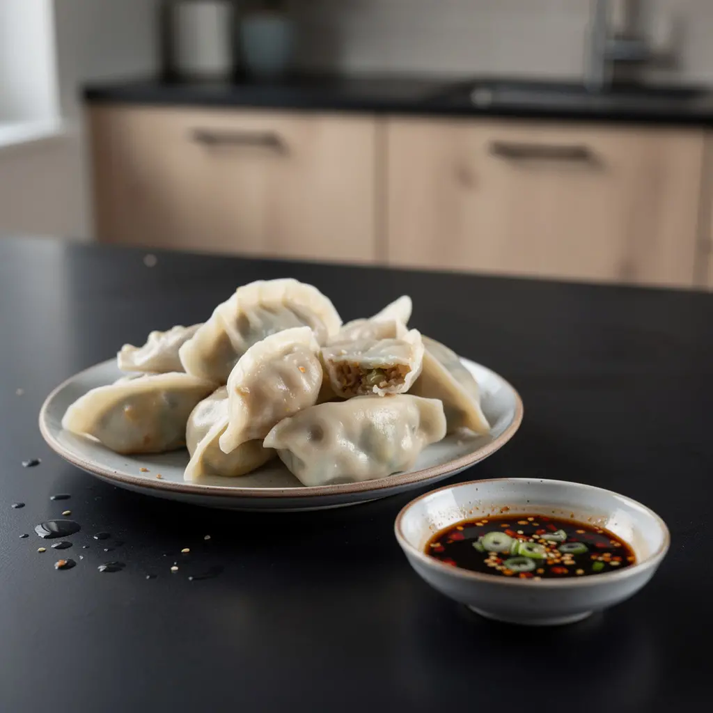 Chińskie pierożki jiaozi z wieprzowiną i kapustą gotowane w wodzie