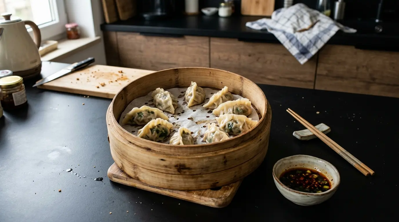 Chinesische gedämpfte Teigtaschen mit Gemüse und Pilzen