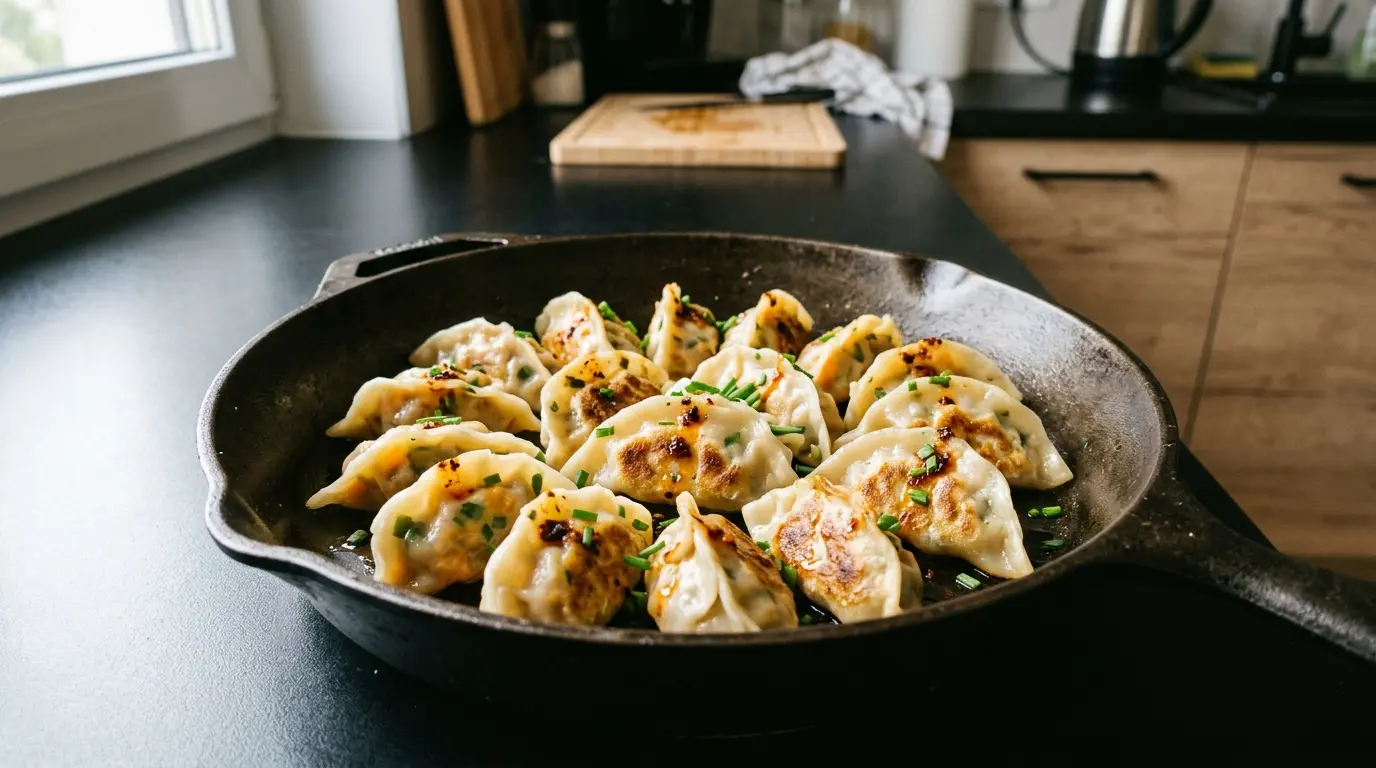 Chińskie pierożki z dynią i szczypiorkiem smażone na patelni