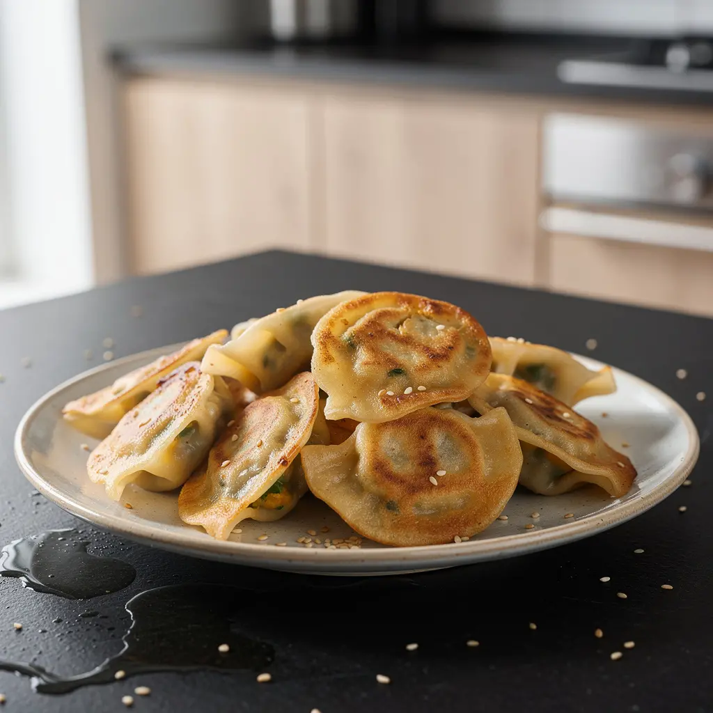 Chińskie pierożki z dynią i szczypiorkiem smażone na patelni