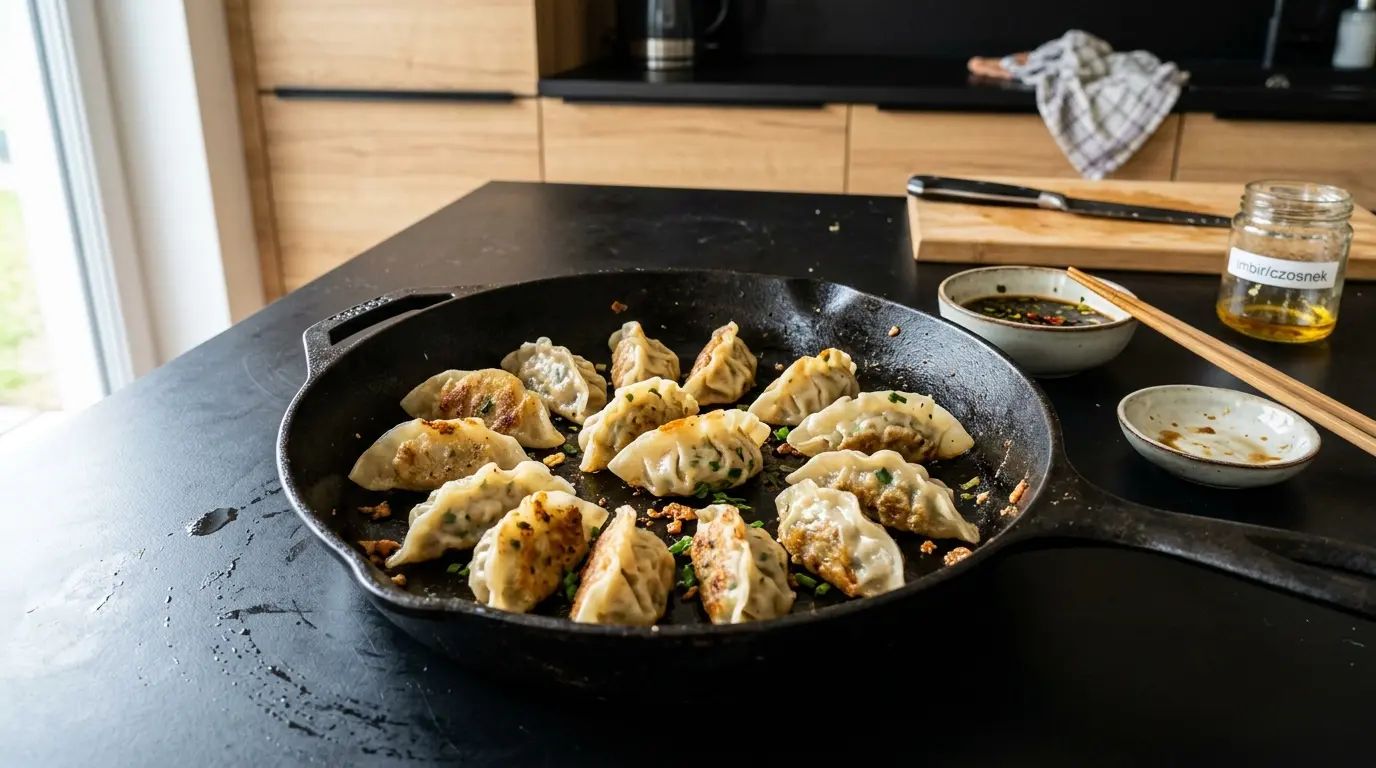 Chińskie pierożki z kurczakiem i szczypiorkiem smażone na patelni