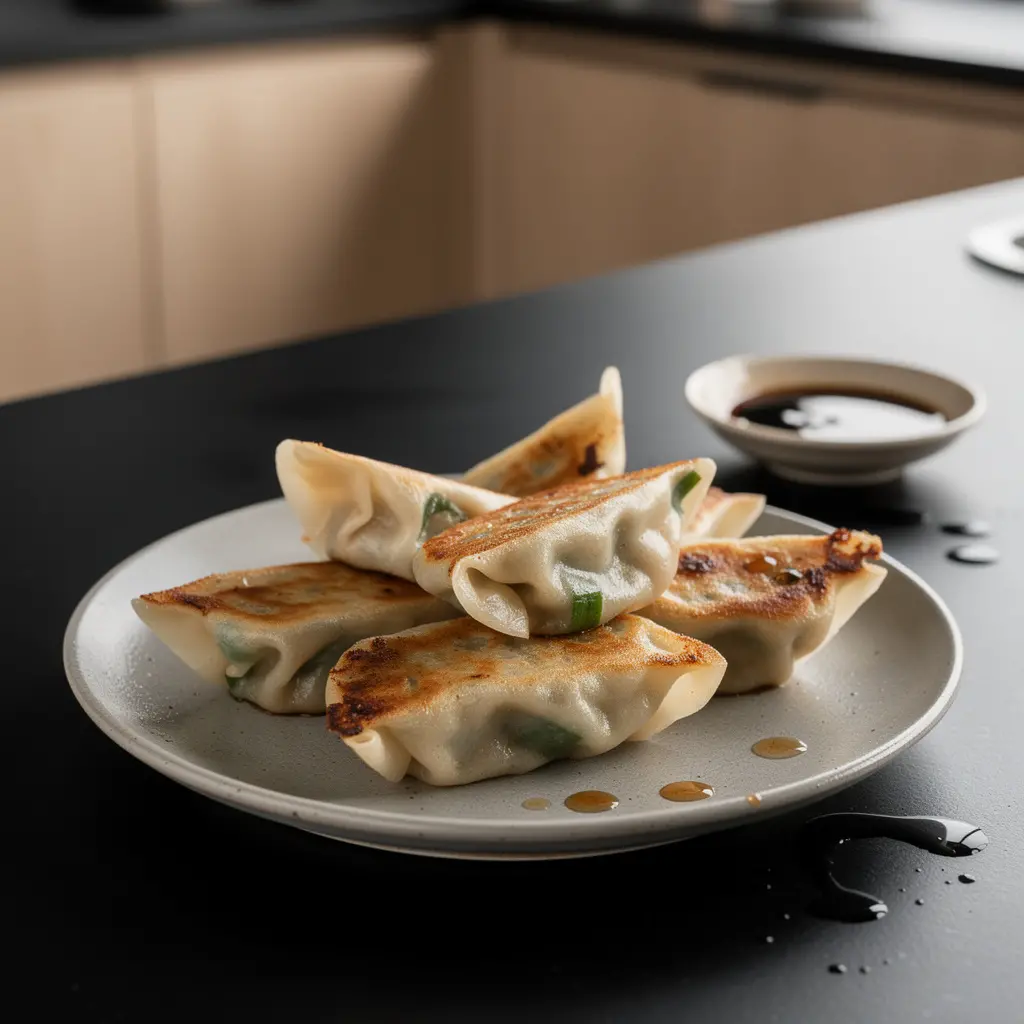 Chińskie pierożki z kurczakiem i szczypiorkiem smażone na patelni