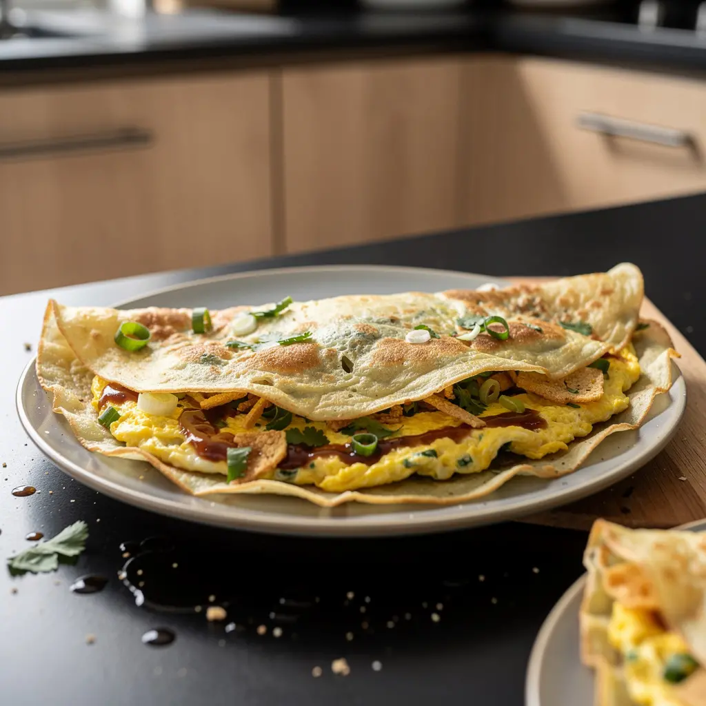 Chińskie placuszki śniadaniowe jianbing z jajkiem i szczypiorkiem