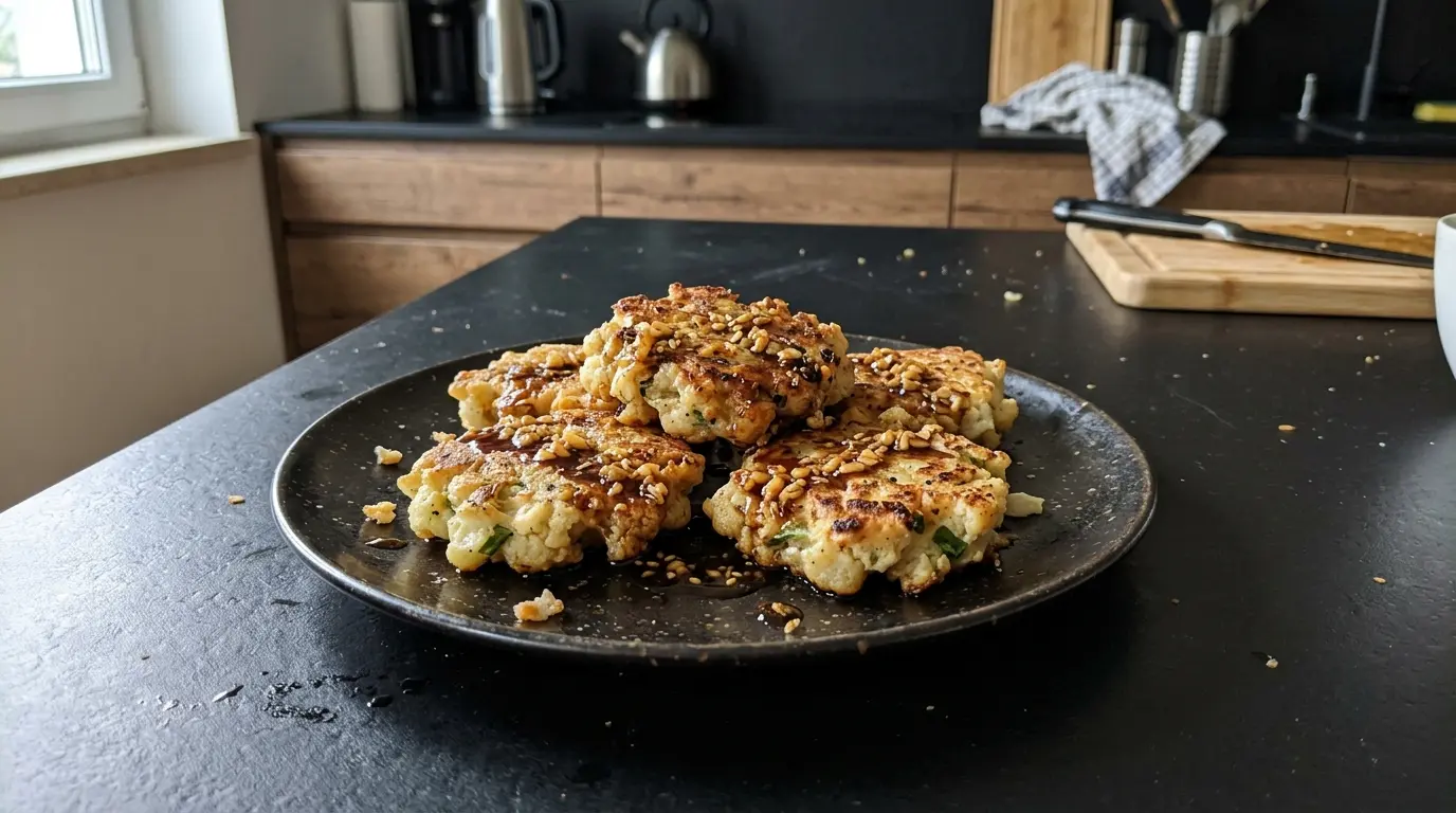 Chinesische Blumenkohl-Puffer mit Knoblauch-Sojasauce