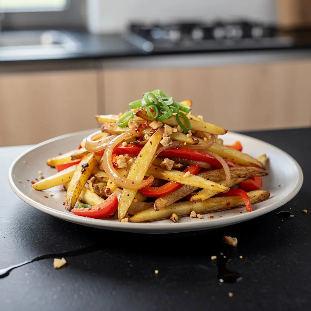 Chińskie smażone ziemniaki z papryką i cebulą