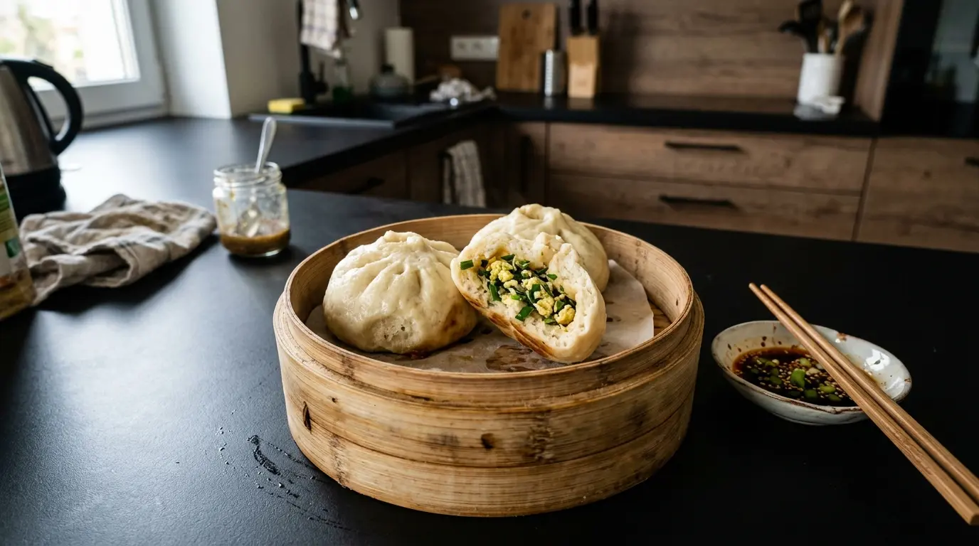 Chinesische Frühstücks-Dampfbötchen mit Ei und Schnittlauch