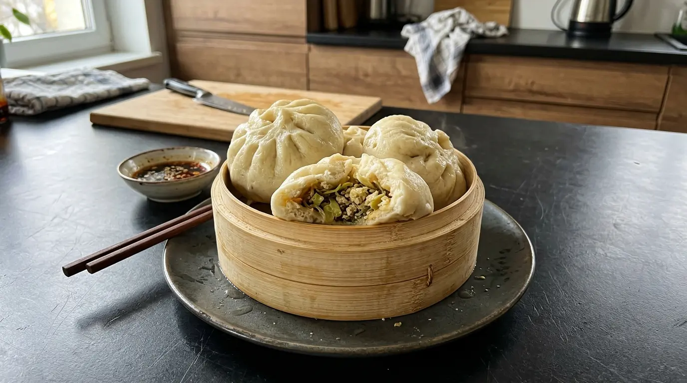 Chinesische gedämpfte Frühstücksbrötchen mit Gemüse und Tofu