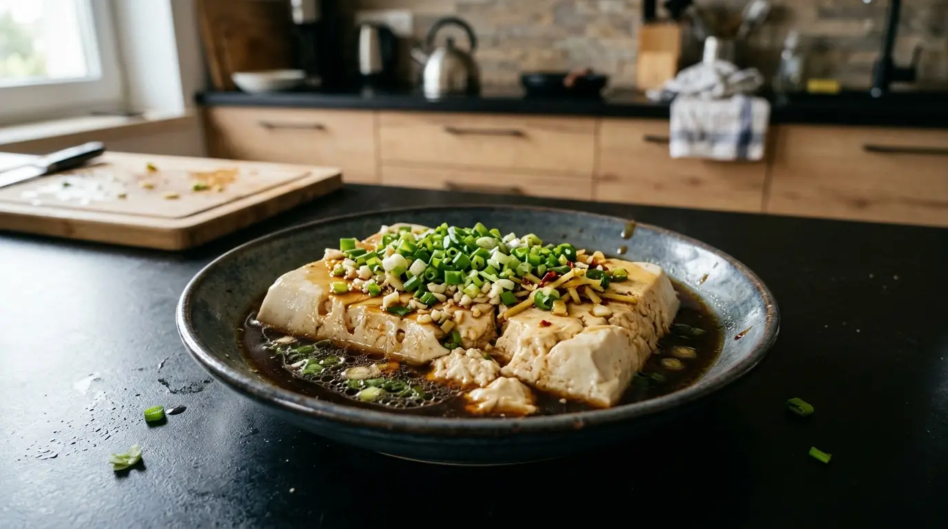 Chińskie tofu na parze z sosem sojowo-imbirowym i dymką