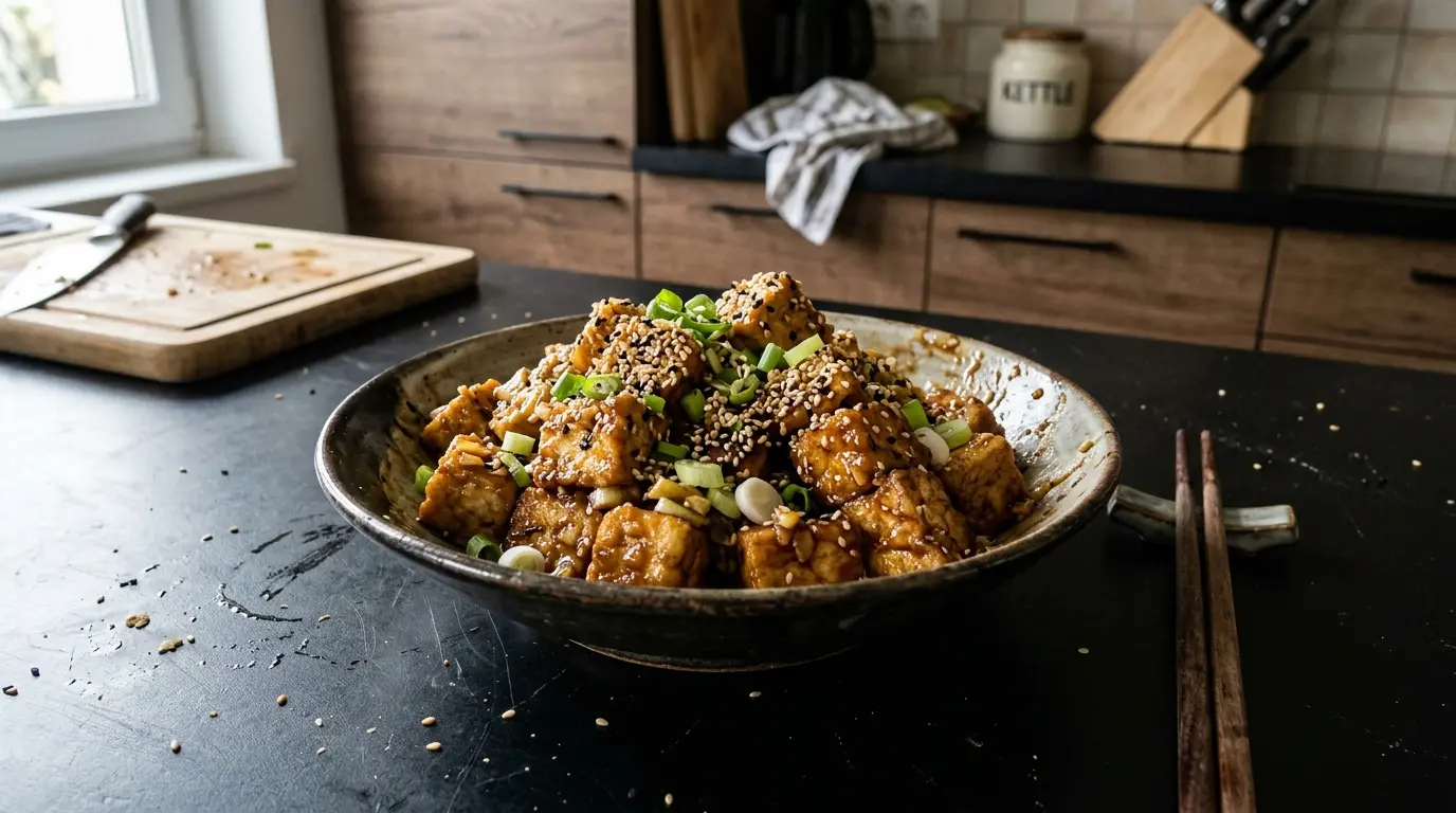 Chińskie tofu smażone w sosie miodowo-sojowym z sezamem