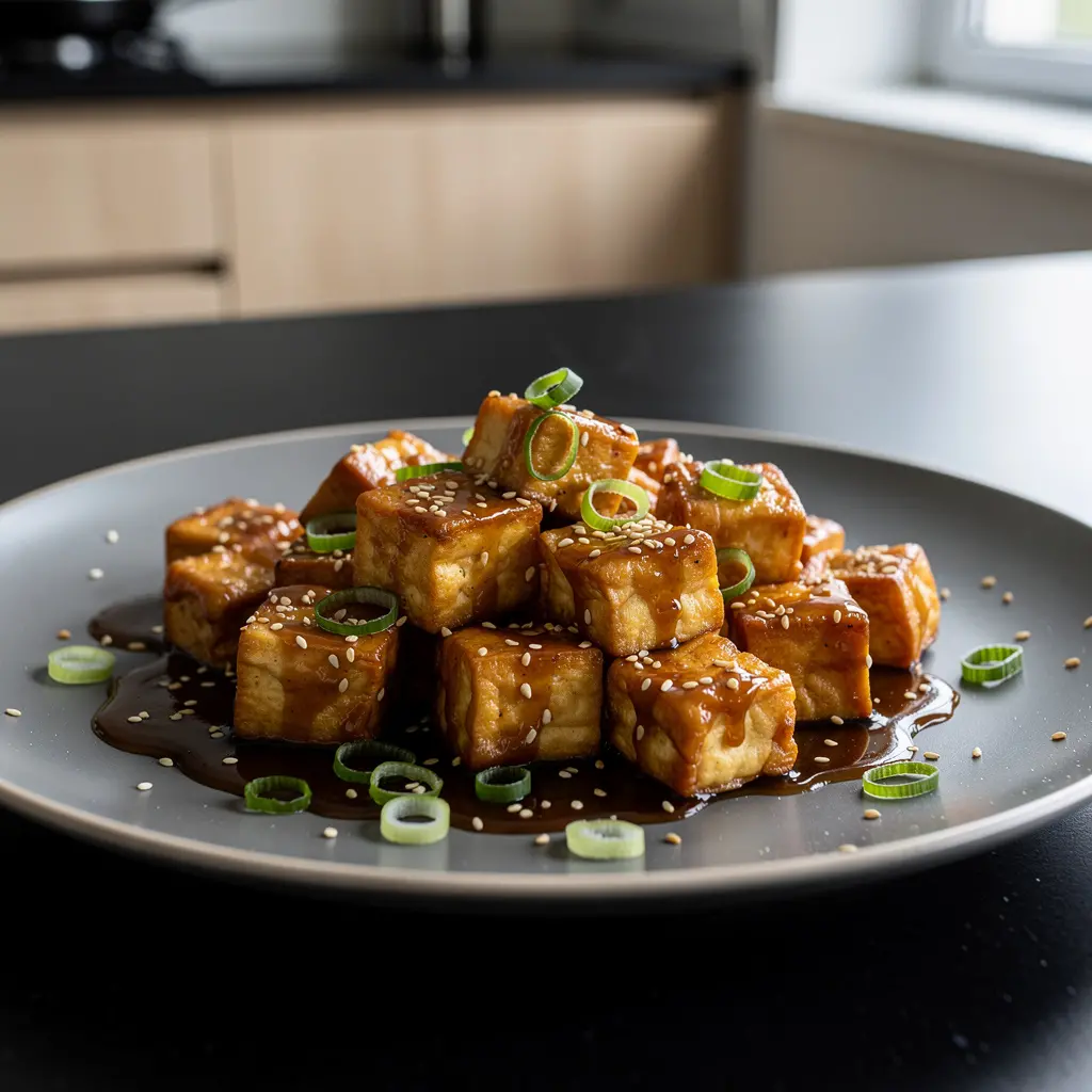 Chińskie tofu smażone w sosie miodowo-sojowym z sezamem