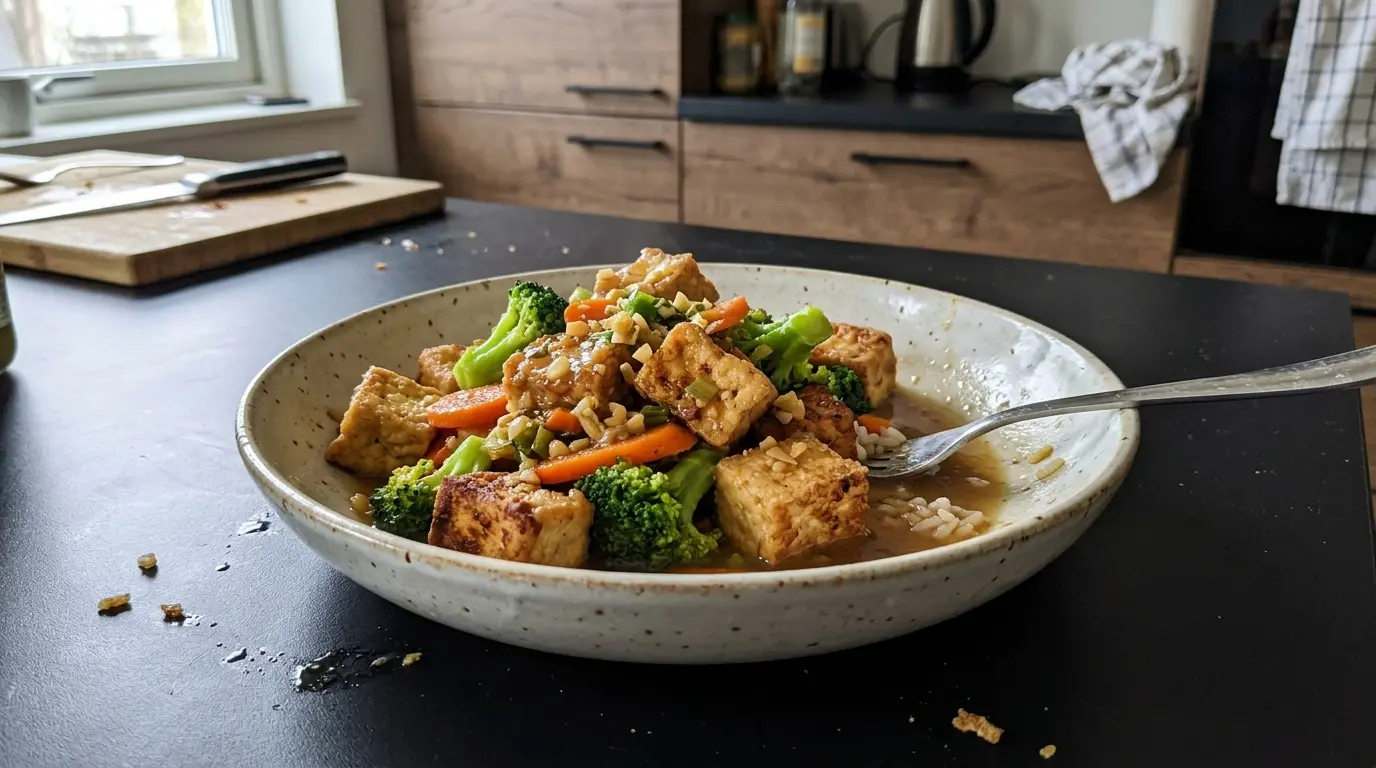 Chińskie tofu smażone z brokułem i marchewką w lekkim sosie