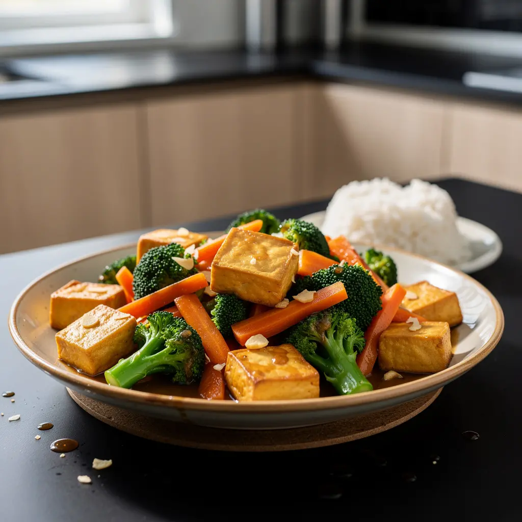 Chińskie tofu smażone z brokułem i marchewką w lekkim sosie